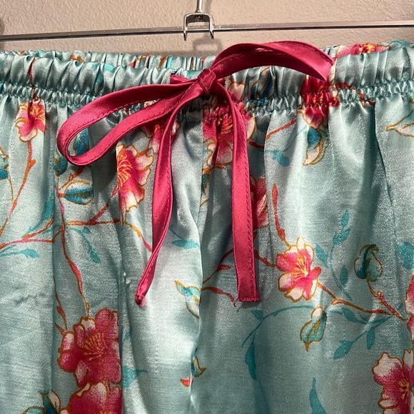 Blue Floral Drawstring Satin Pajama Bottoms - Picture 3 of 5